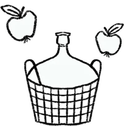 Line drawing of a jug in a basket with two apples.