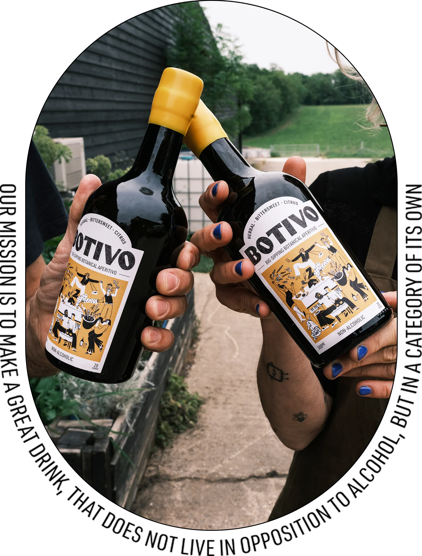 Two people toasting with bottles labeled 'BOTIVO' outdoors.