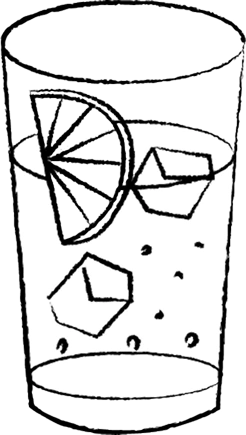 Illustrated glass with ice cubes and a lemon slice.