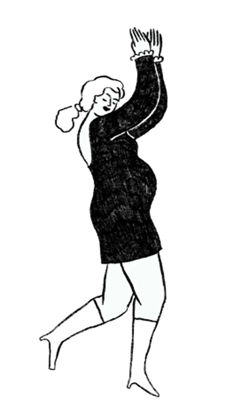 Illustration of a person in a black dress, clapping hands.