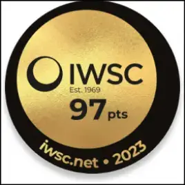 Gold IWSC badge with 97 points, black border, 2023.