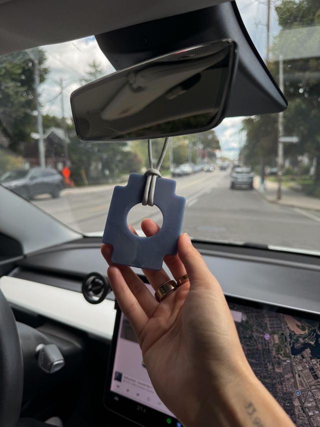 Person holding a blue, gear-shaped object inside a car, near the rearview mirror.
