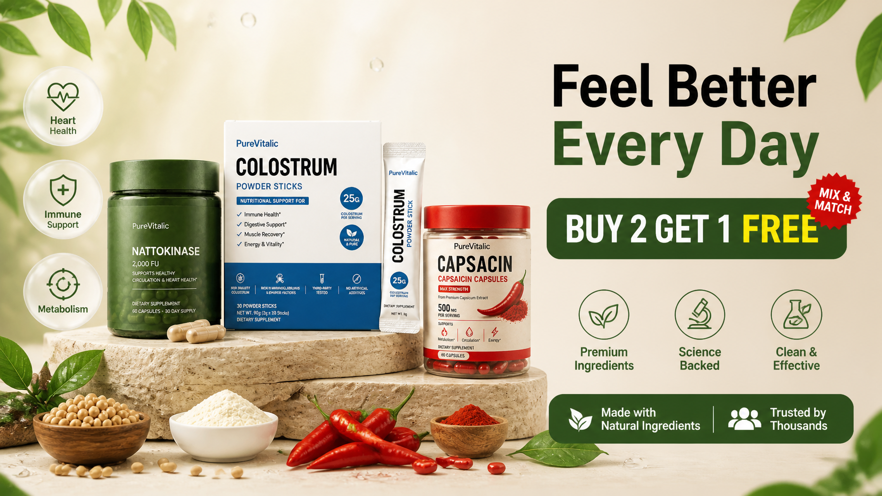 A promotional image for wellvi dietary supplements displayed with their corresponding natural ingredients.
