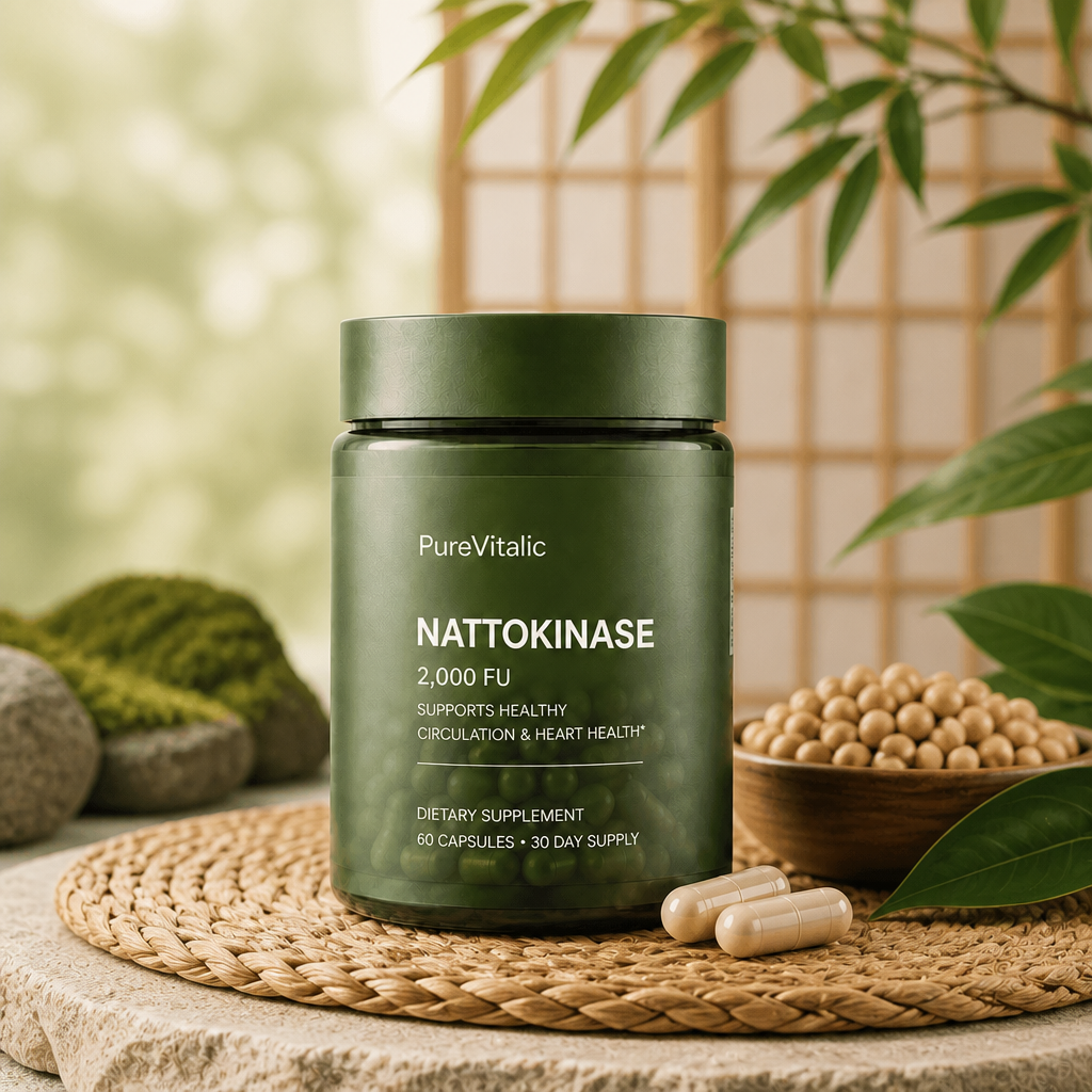 A green bottle of PureVitalic Nattokinase supplements with capsules and soybeans in a serene, natural setting.