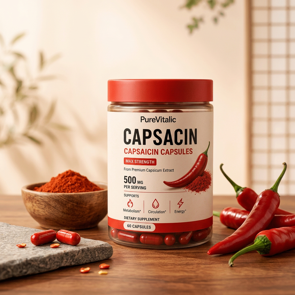 A bottle of PureVitalic Capsaicin capsules on a wooden table surrounded by red chili peppers and powder.