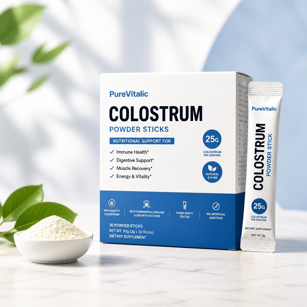 A box of PureVitalic Colostrum Powder Sticks, a single stick, and a bowl of powder on a counter.