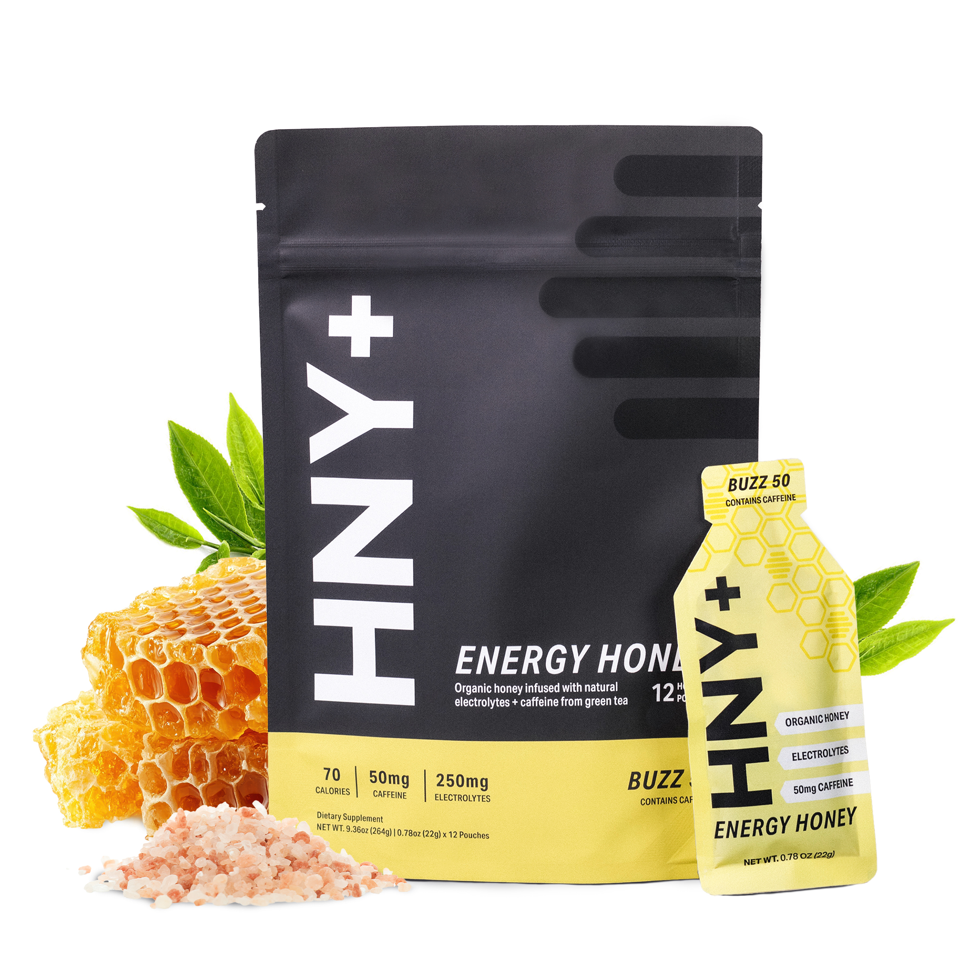 Black and yellow HNY+ energy honey packaging with honeycomb and salt pile.