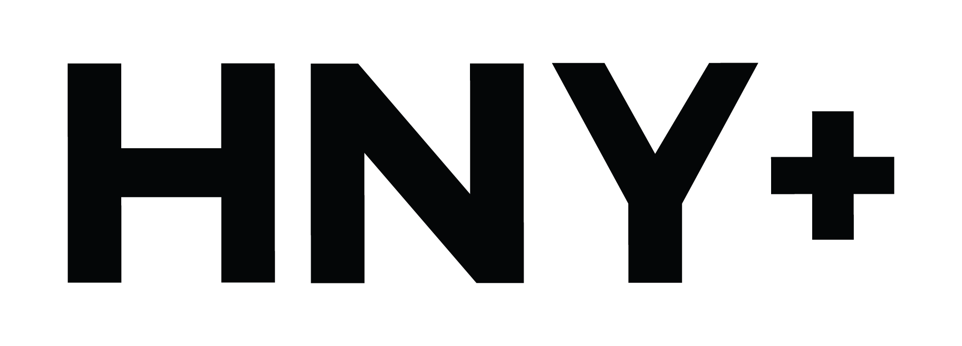 Black letters 'HNY+' on a white background.