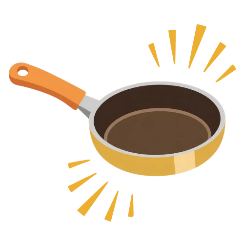An illustration of a shiny yellow frying pan with an orange handle.