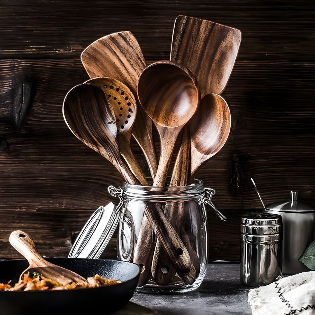 Wooden kitchen utensils in a glass jar on a rustic countertop.