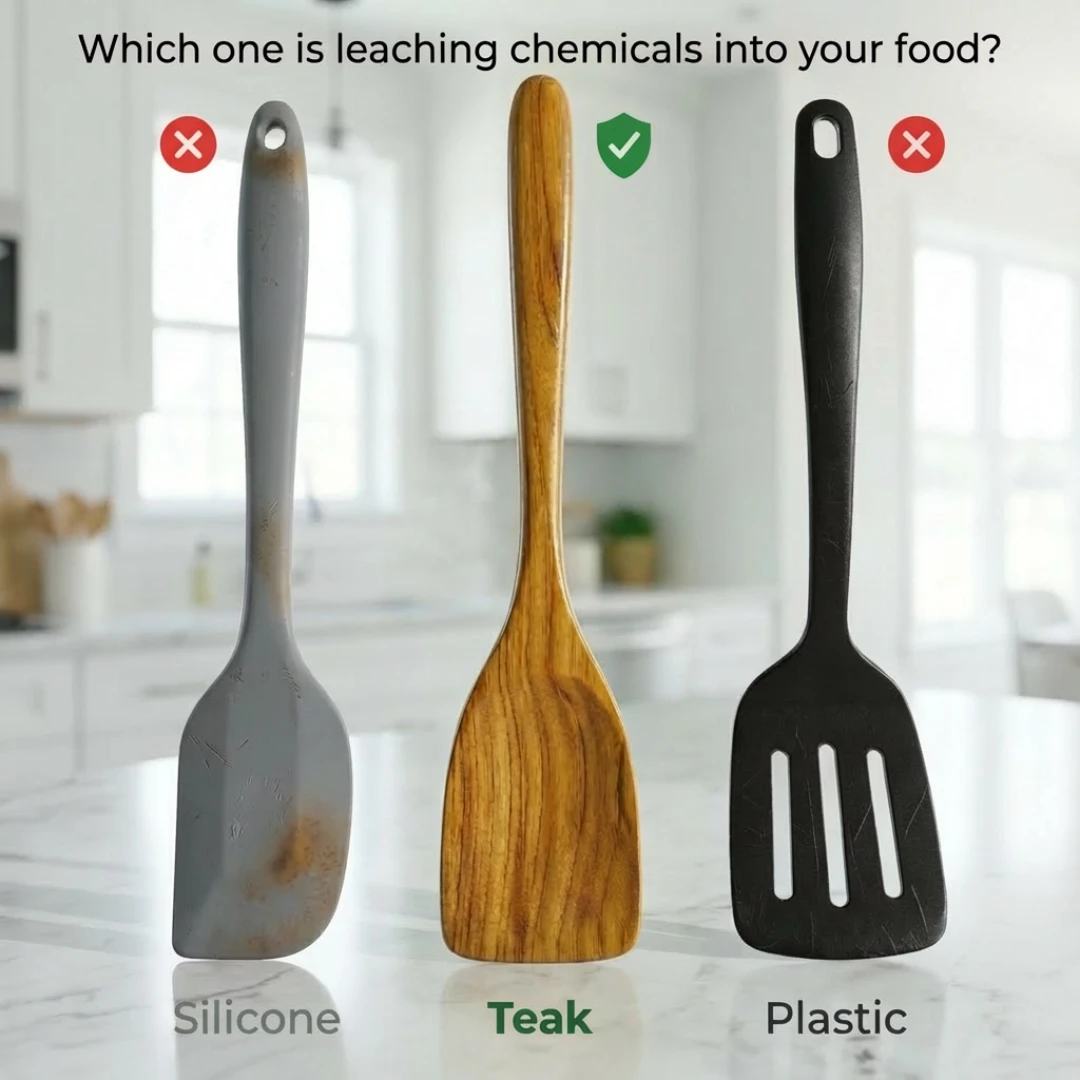 Three spatulas labeled Silicone, Teak, and Plastic, with symbols indicating that teak is the safe choice.