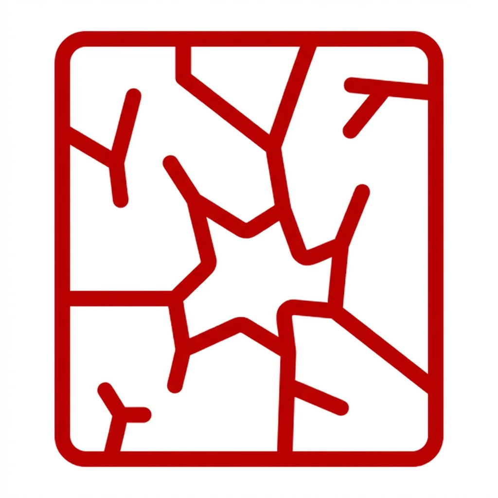 A red line-art icon of a cracked or shattered square on a white background.
