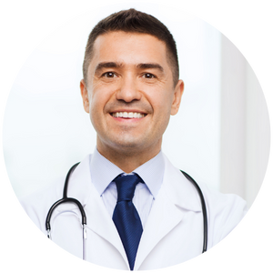 A smiling doctor wearing a white coat and stethoscope.