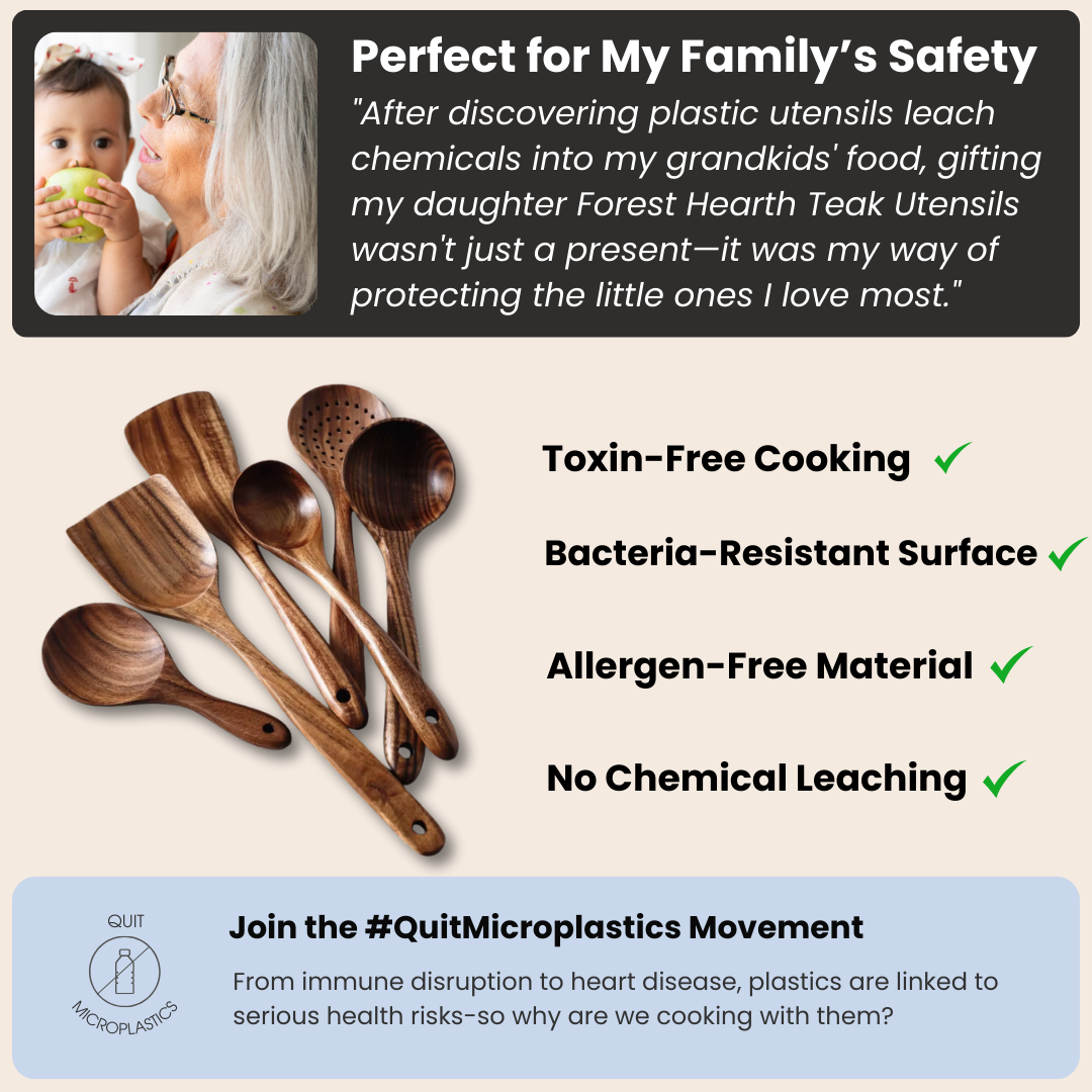 Promotional image for toxin-free, allergen-free teak cooking utensils, advocating the #QuitMicroplastics movement.