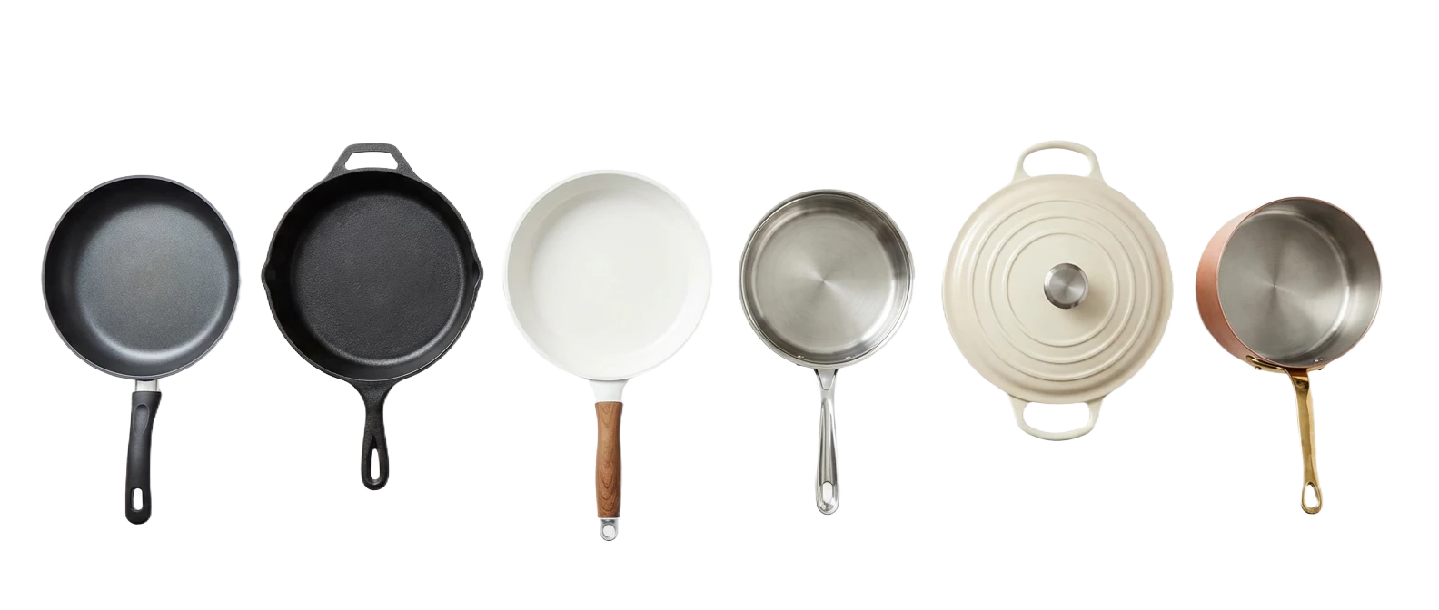 An overhead view of six different pots and pans lined up in a row against a white background.