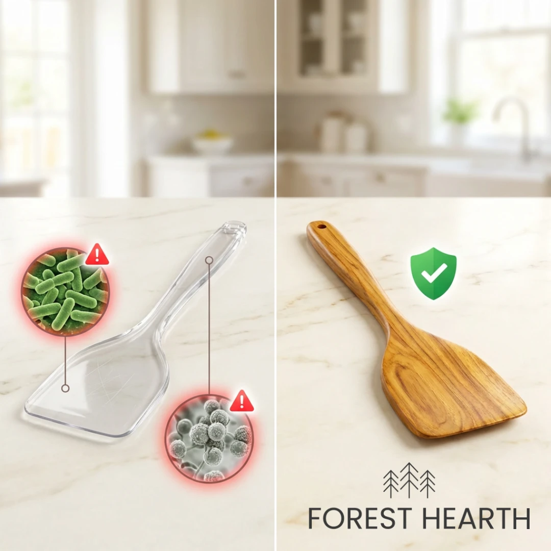 A split-image comparing a plastic spatula with germ graphics to a clean wooden spatula with a shield icon.