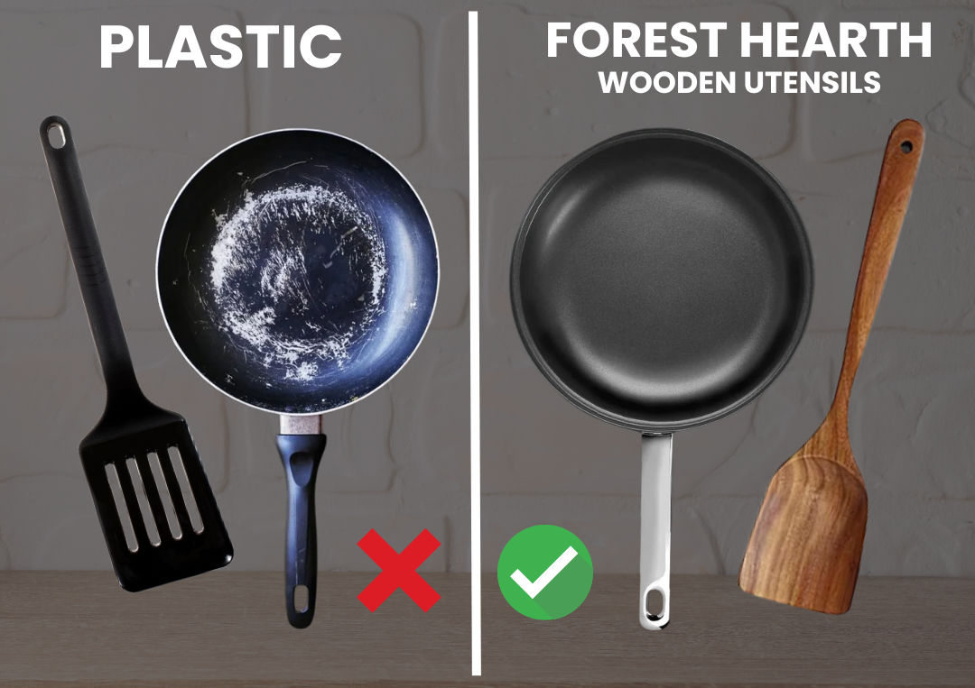Comparison of scratched and pristine pans with plastic and wooden utensils.