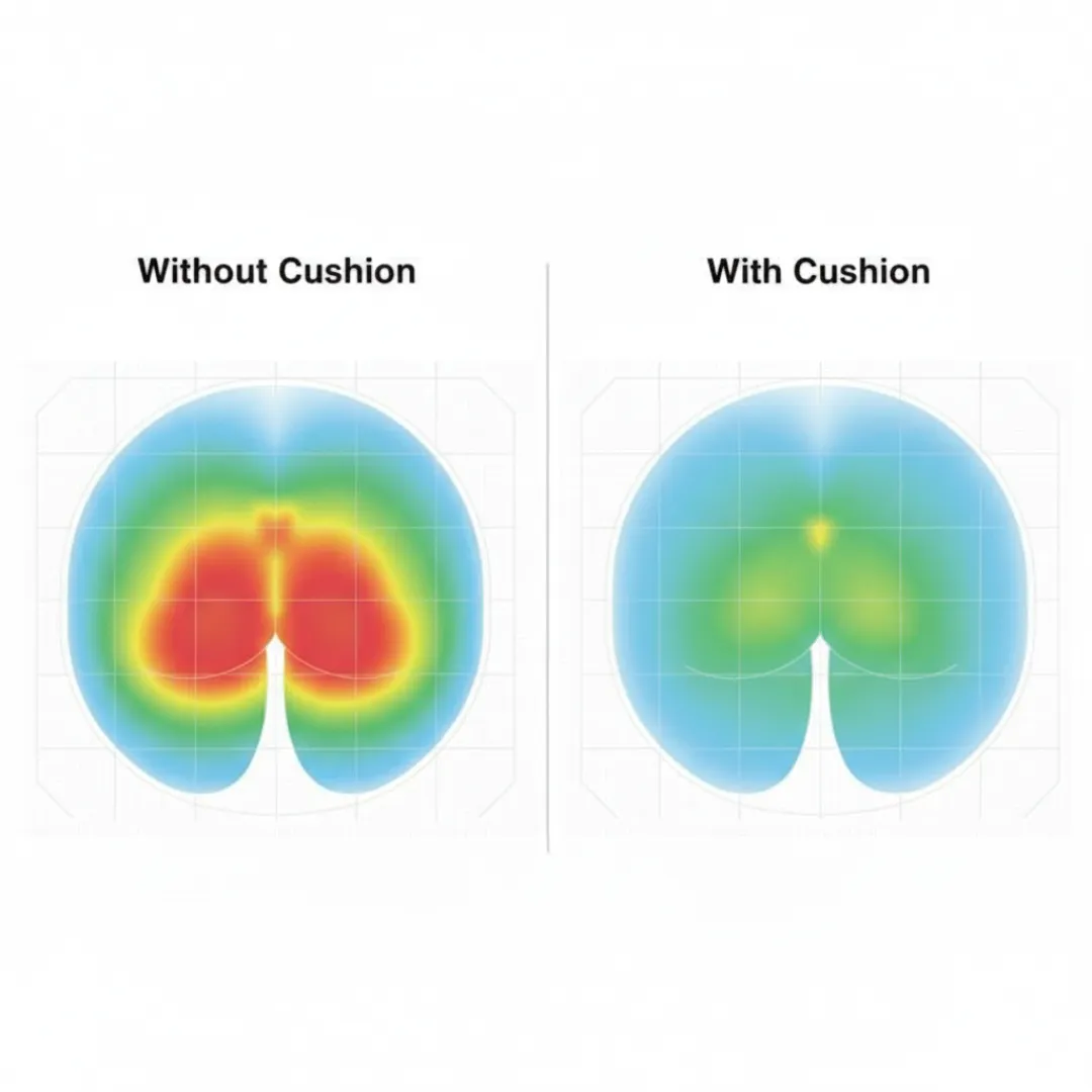 A side-by-side comparison of heat maps showing pressure distribution on a surface without and with a cushion.