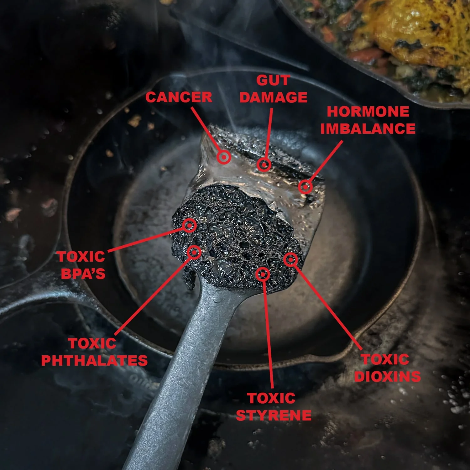 A spatula with burnt plastic and labels for various toxins and health risks.