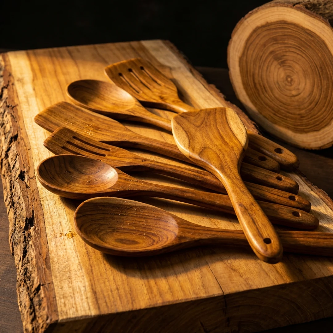 A collection of wooden kitchen utensils resting on a rustic wooden slab next to a log.
