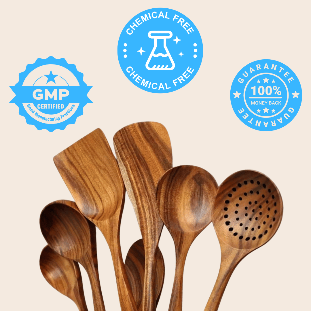 Wooden cooking utensils with chemical-free and GMP certified badges.