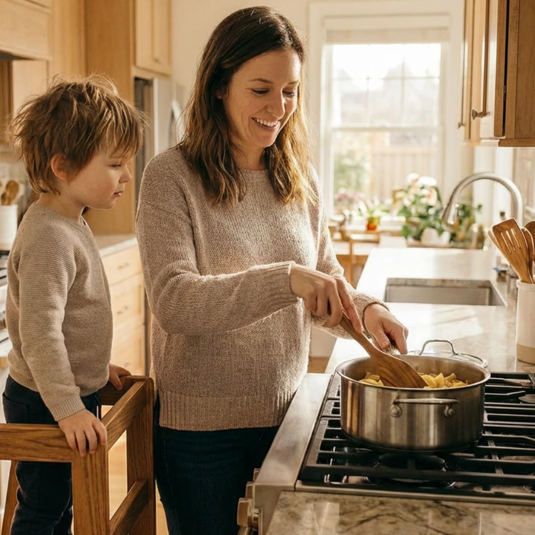 A smiling woman stirs a pot on a stove while a young boy stands on a stool watching.