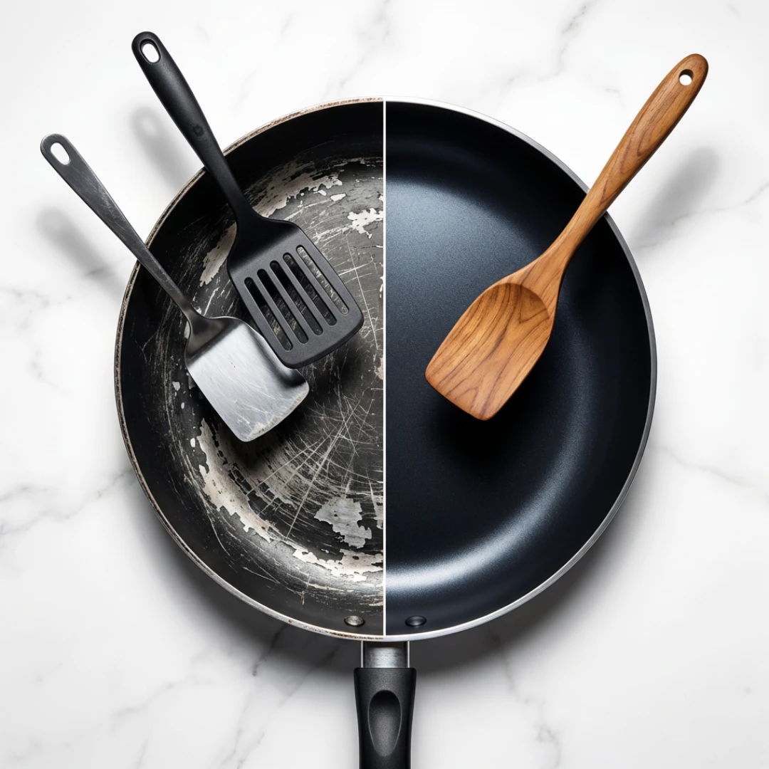 A frying pan, split to show a scratched, damaged side versus a new, pristine side with different spatulas.