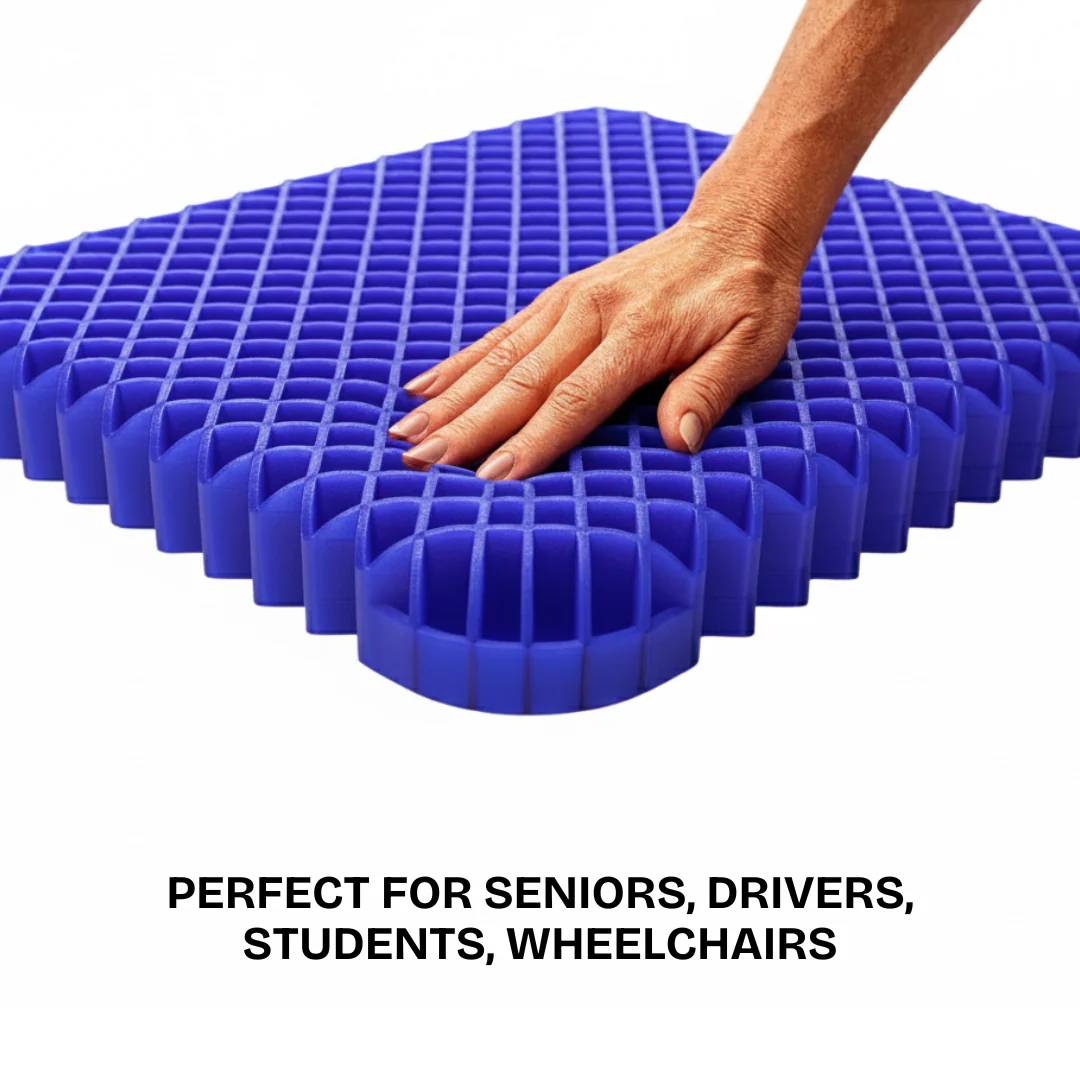 Hand pressing a blue gel seat cushion with grid pattern.