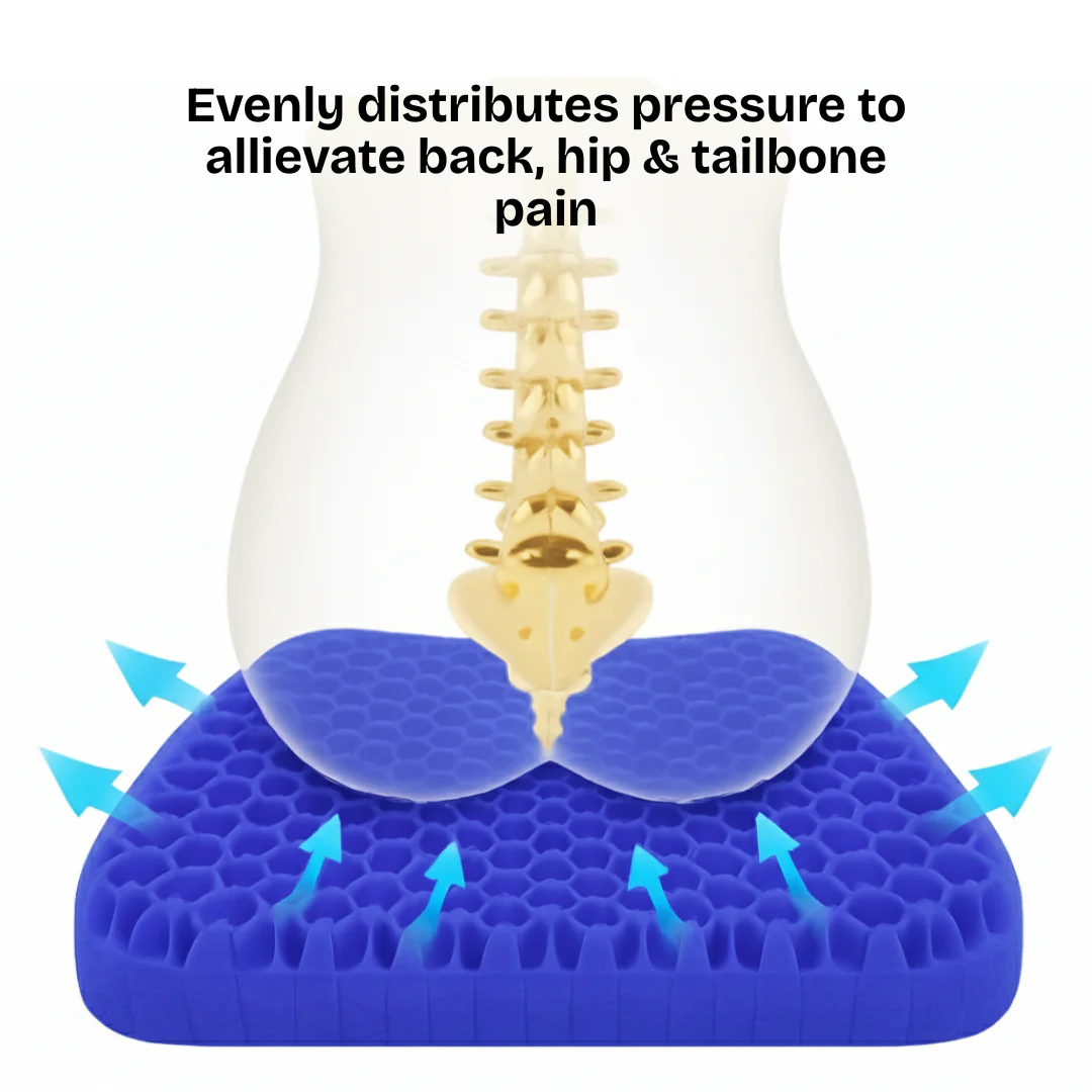 Diagram of spine on blue honeycomb cushion with arrows indicating pressure distribution.