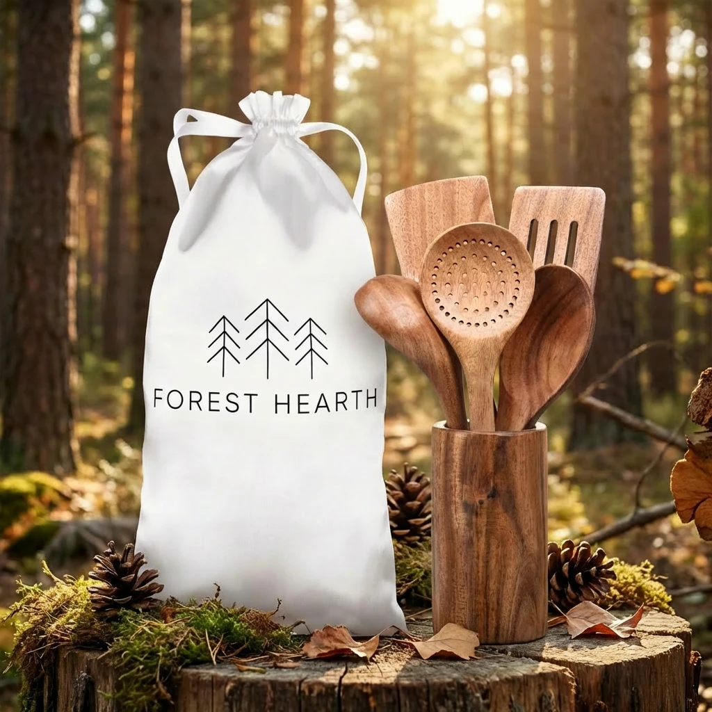 A set of wooden kitchen utensils and a branded bag on a tree stump in a forest.