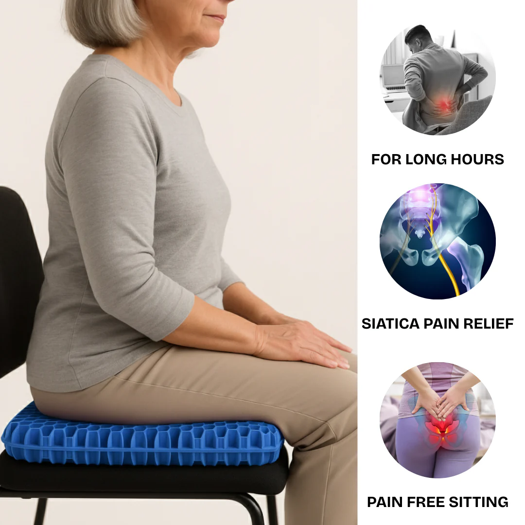 Woman sitting on blue cushion with pain relief illustrations beside her.