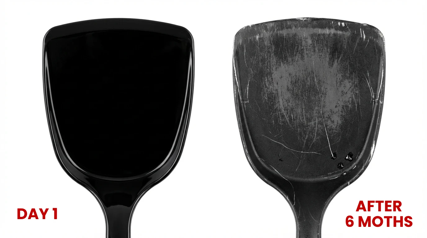 A side-by-side comparison of a black spatula when new and after six months of use, showing scratches.