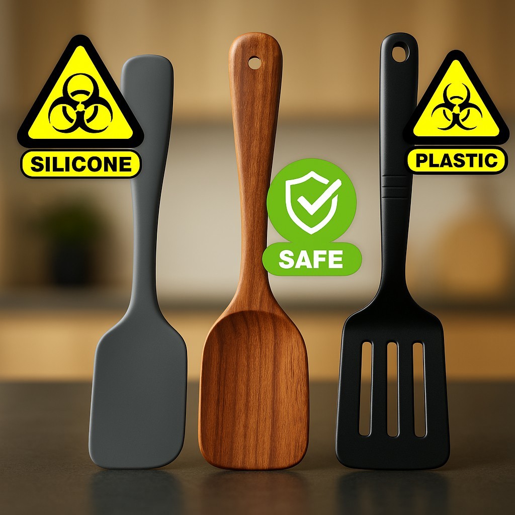 Three kitchen spatulas with safety and hazard symbols.