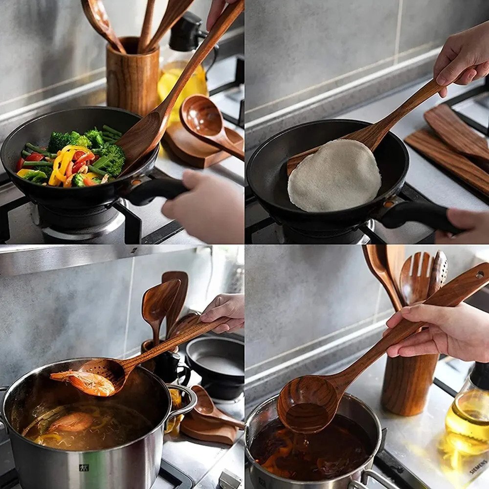 Four images of cooking with wooden utensils on a stovetop.