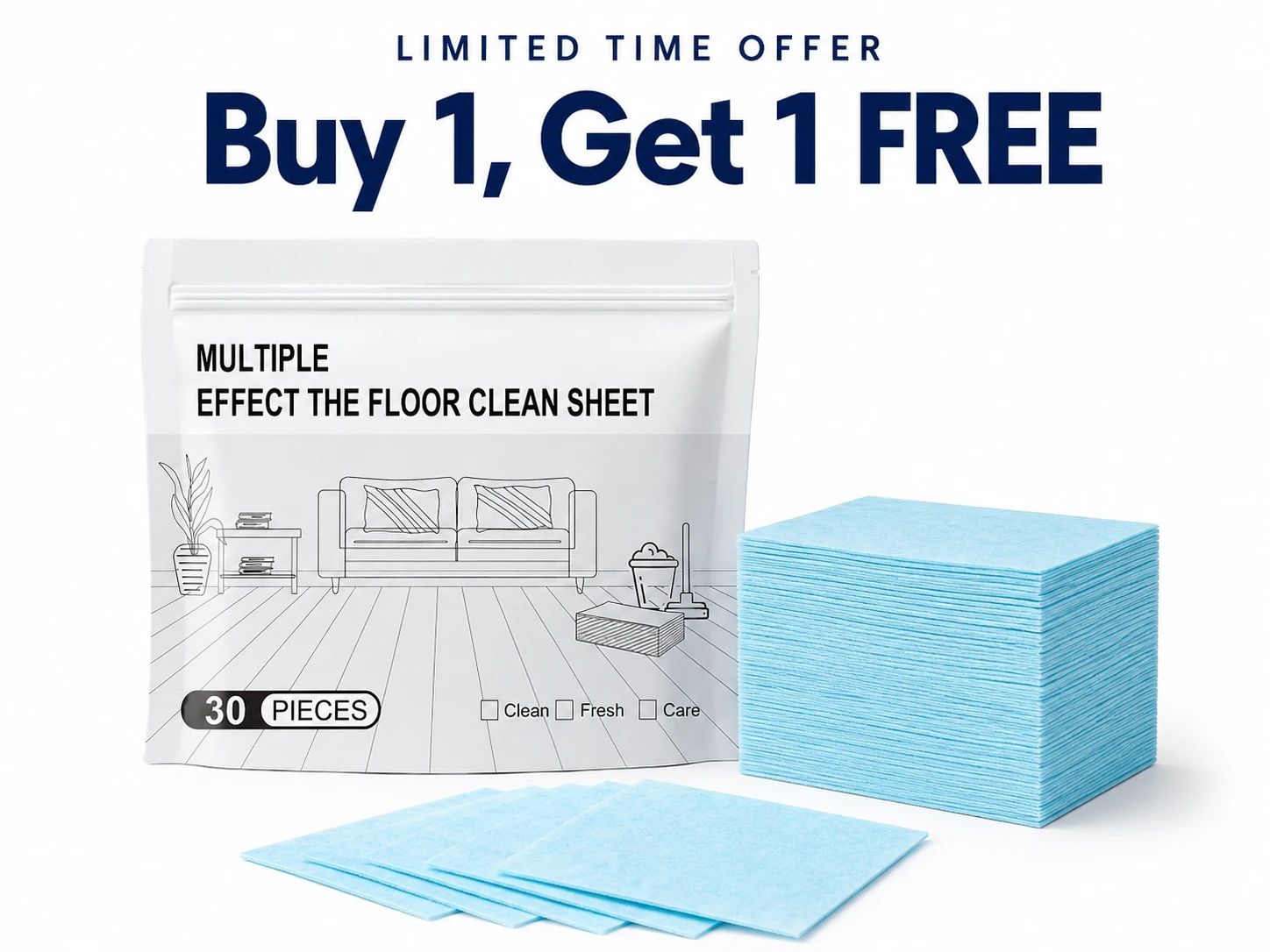 A package and stack of blue floor cleaning sheets with text advertising a 'Buy 1, Get 1 FREE' offer.