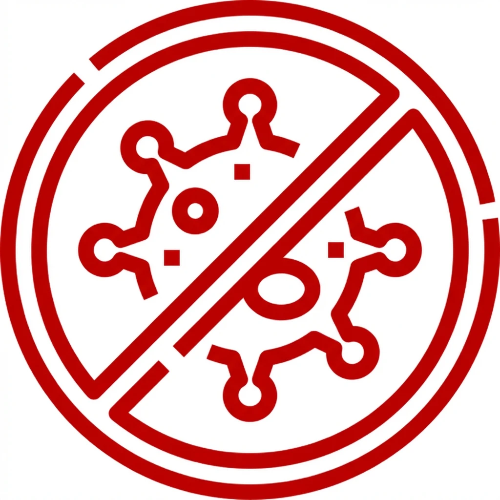 A red line-art icon of a virus inside a circle with a diagonal line through it.
