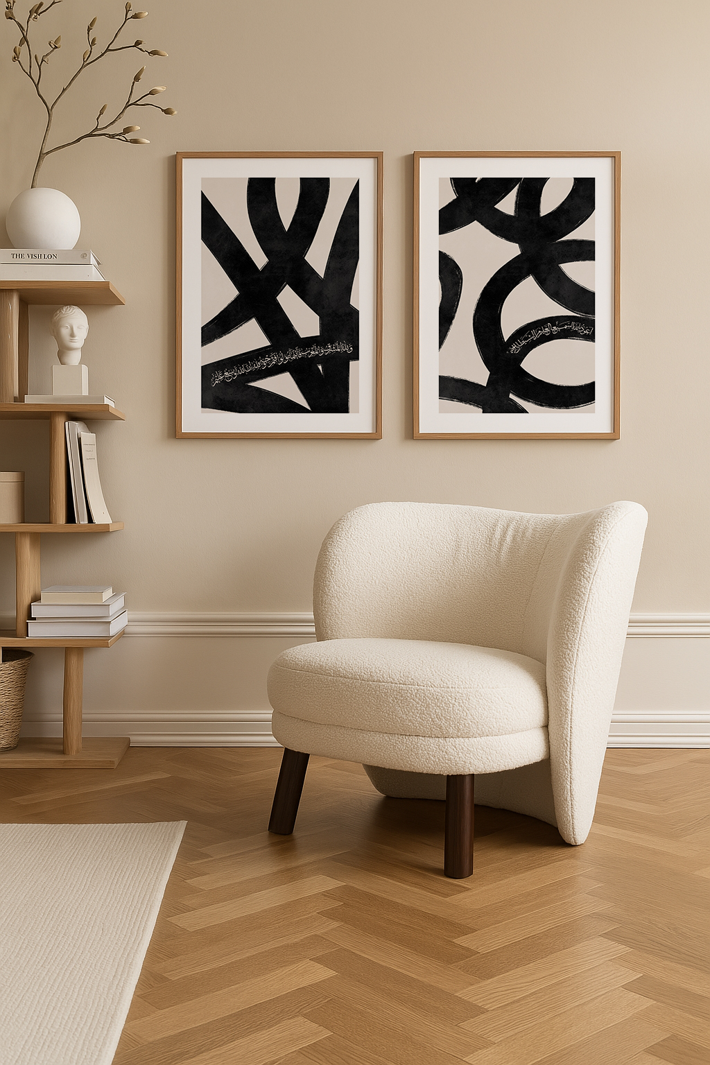 Cozy chair in a minimalist room with abstract art and wooden shelves.