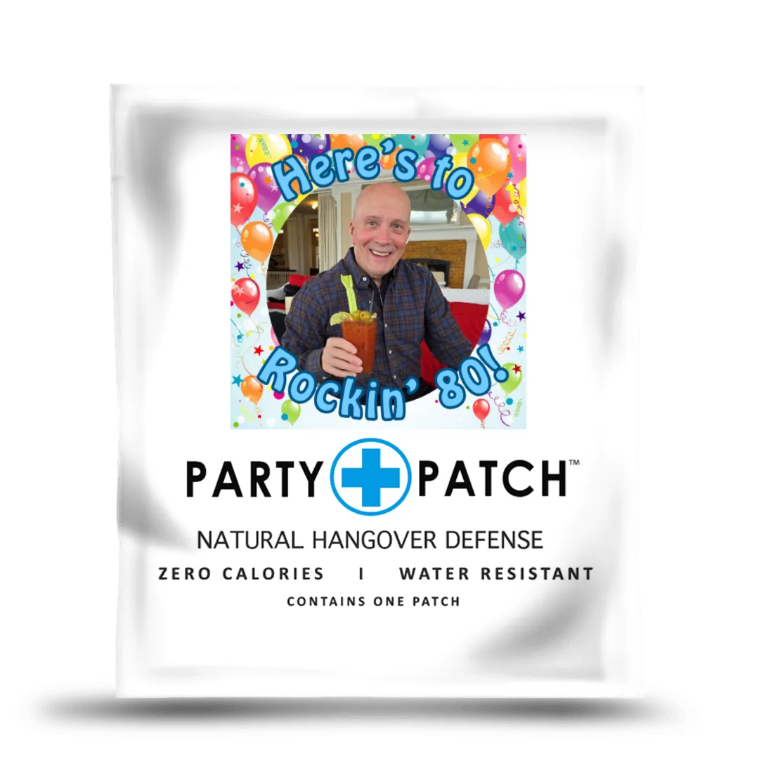 Party Patch packaging with colorful balloons and a person holding a drink.