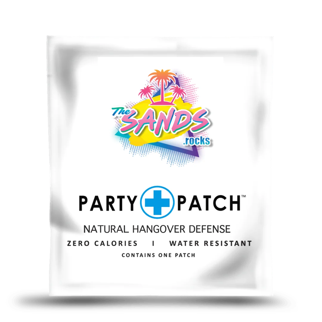 A white packet of The Sands .rocks Party Patch, a natural hangover defense product.