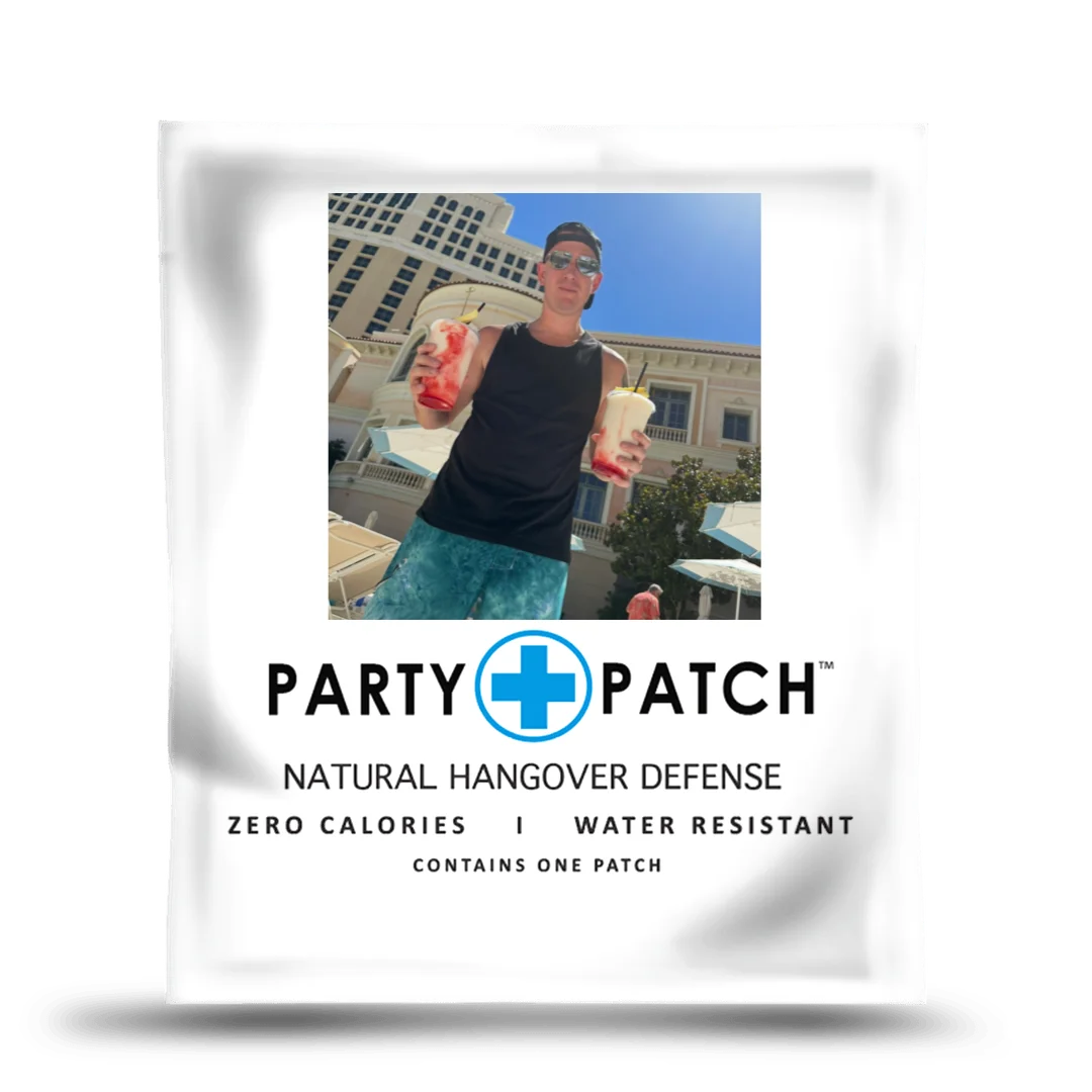 A white packet of Party Patch Natural Hangover Defense shown against a solid green background.