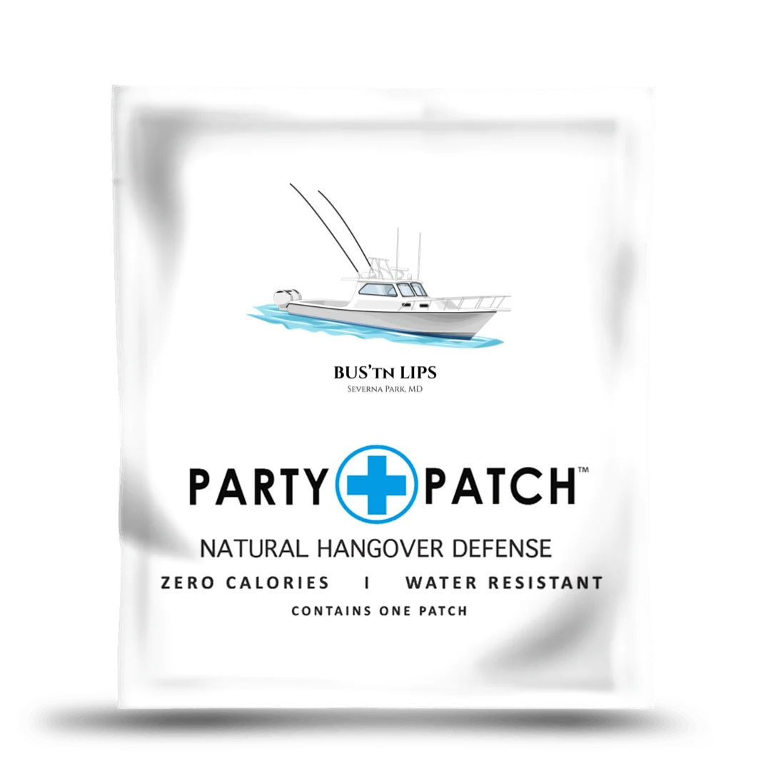 A white pouch for a Party Patch hangover defense product, featuring an illustration of a fishing boat.