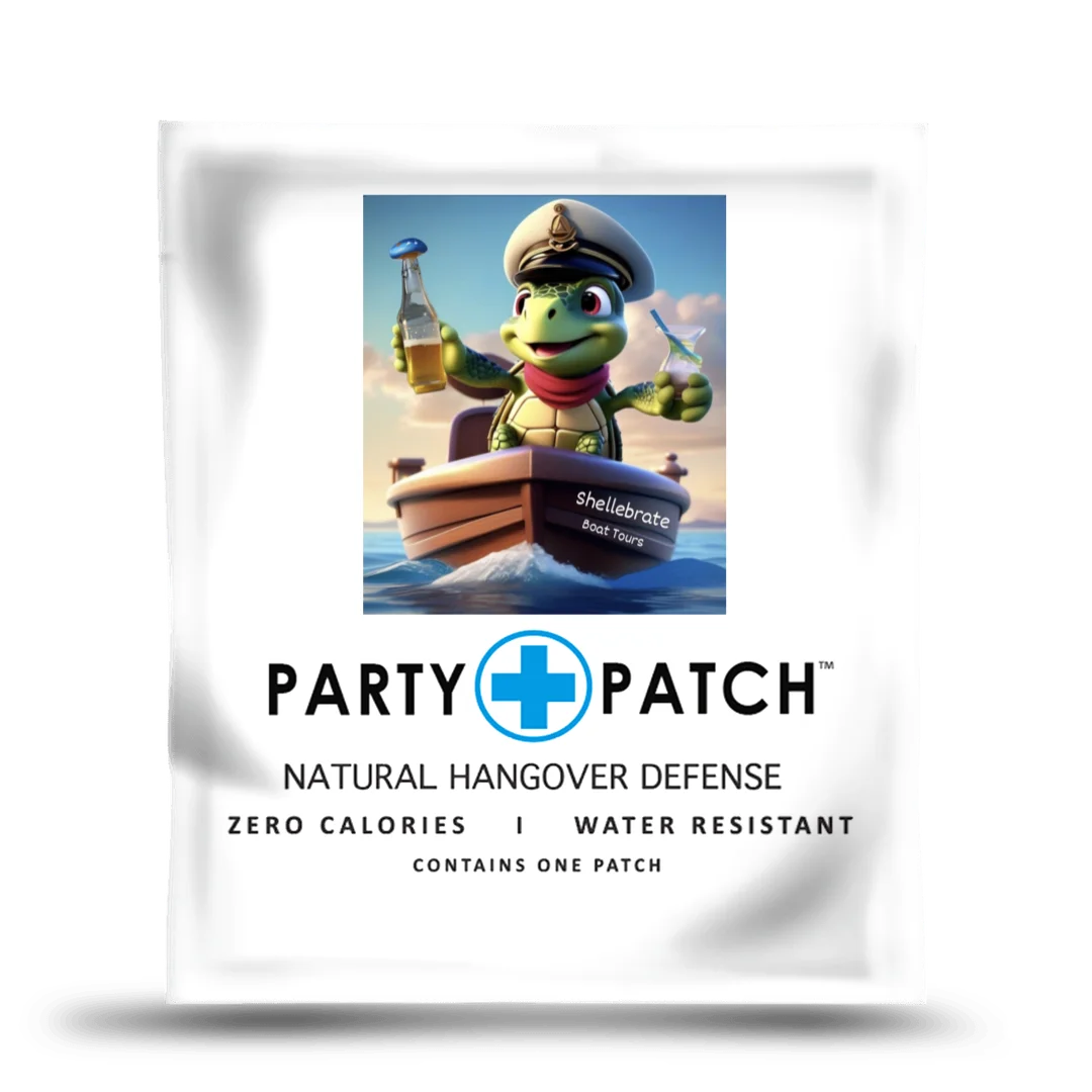A white packet for Party Patch, a natural hangover defense product, featuring a cartoon turtle on a boat.