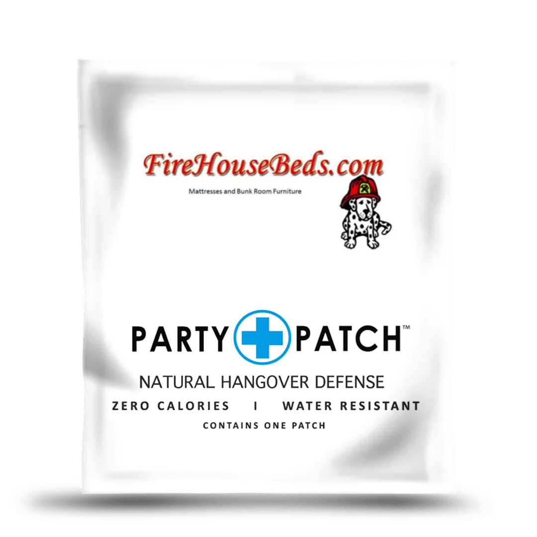 A white packet for Party Patch Natural Hangover Defense, featuring the FireHouseBeds.com logo with a dalmatian mascot.