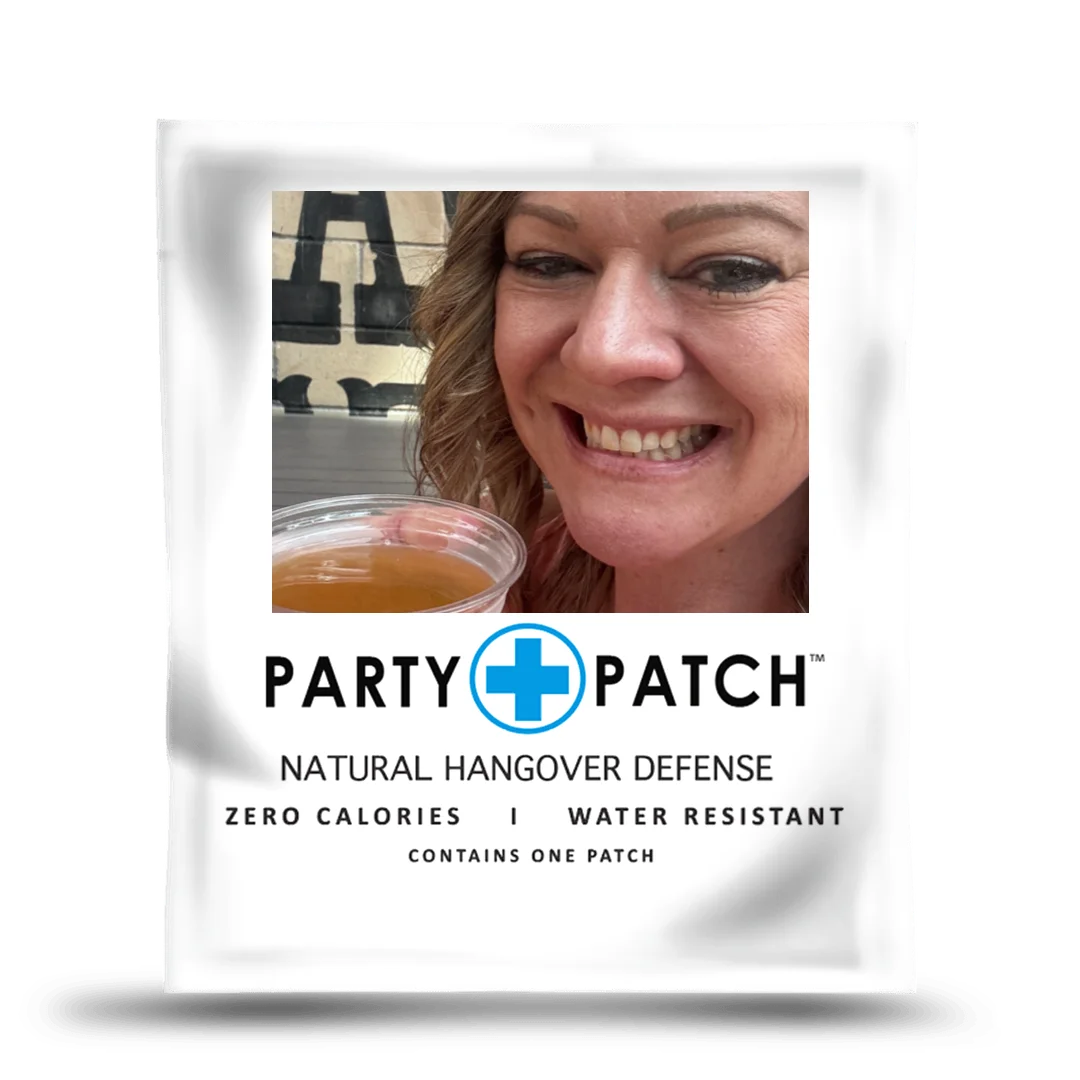 A white packet of Party Patch Natural Hangover Defense against a solid green background.
