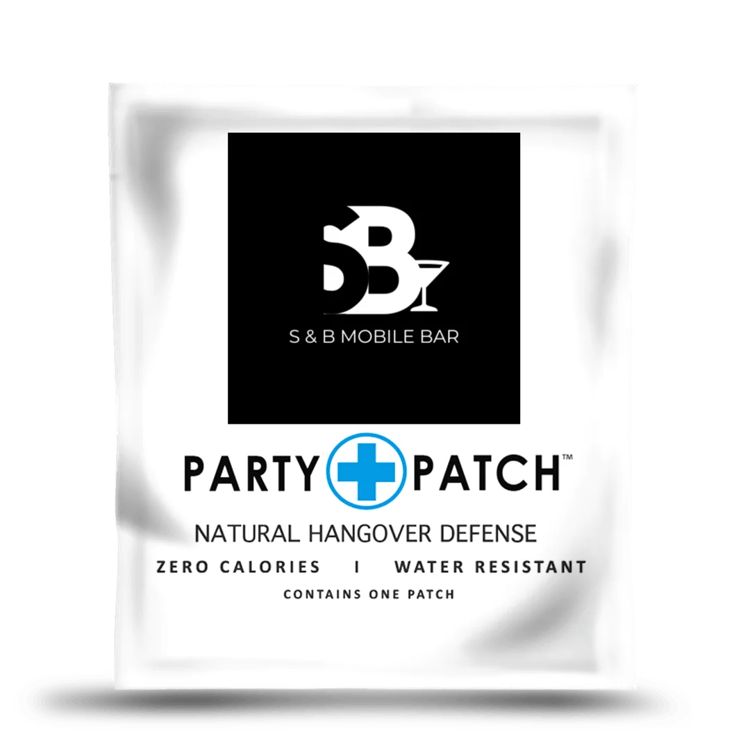 A white foil packet for a Party+Patch, a natural hangover defense product from S&B Mobile Bar.