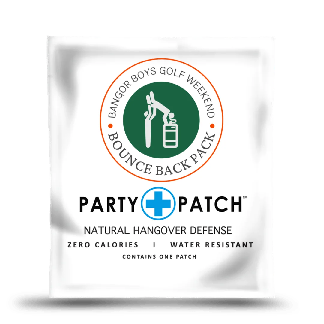 A customized white packet of Party Patch for a 'Bangor Boys Golf Weekend' event.