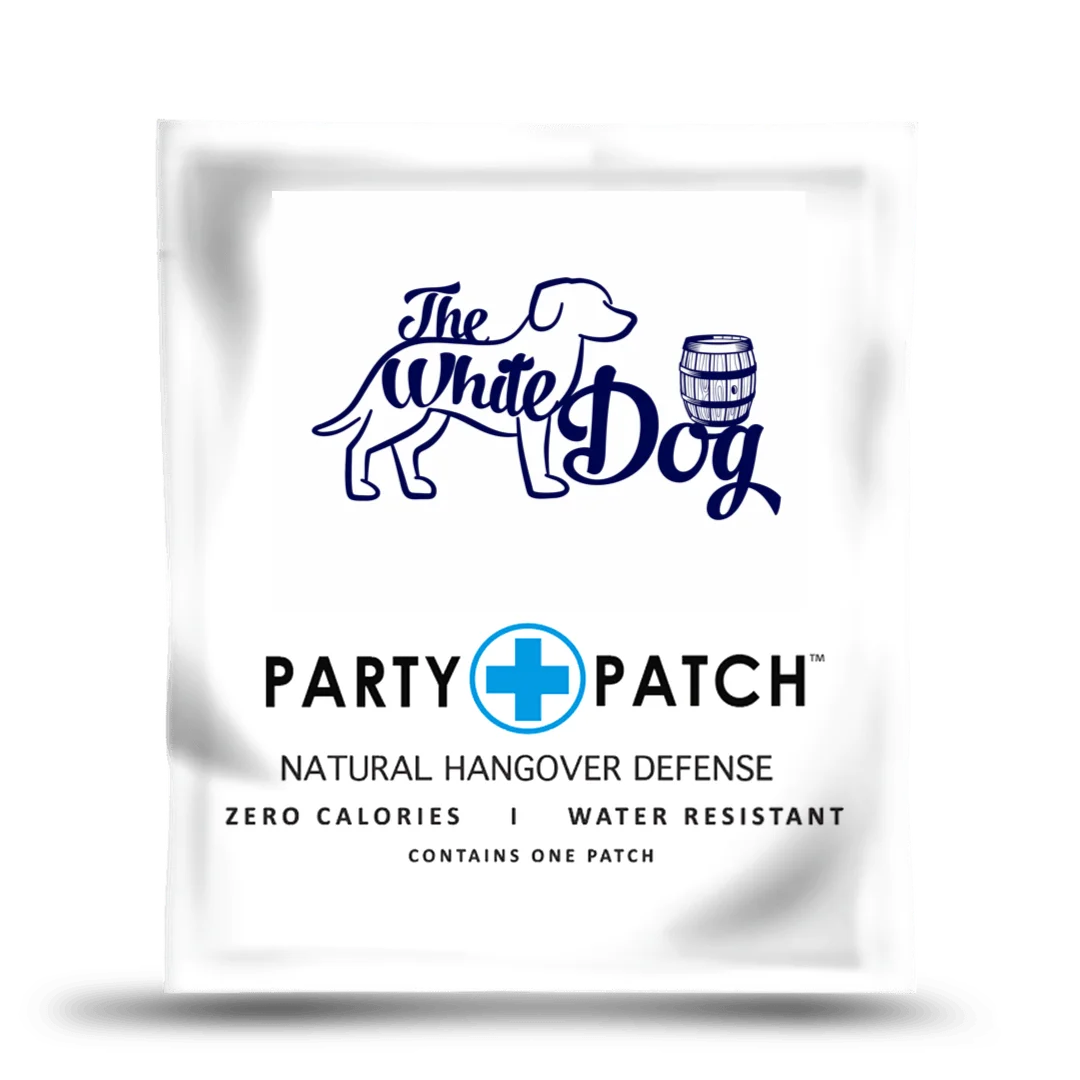 A white packet for The White Dog Party Patch, a product for natural hangover defense.