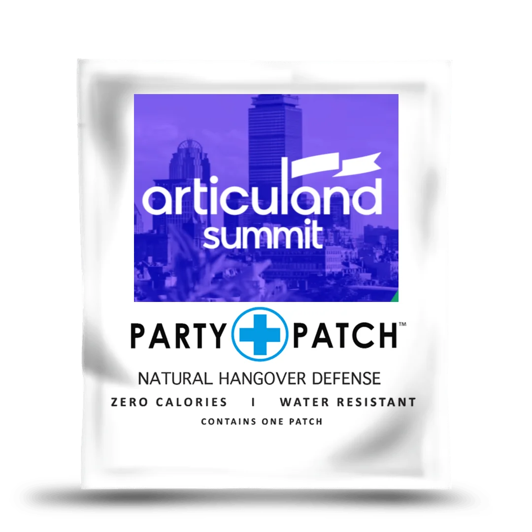 A Party Patch natural hangover defense packet with a custom Articuland Summit logo.