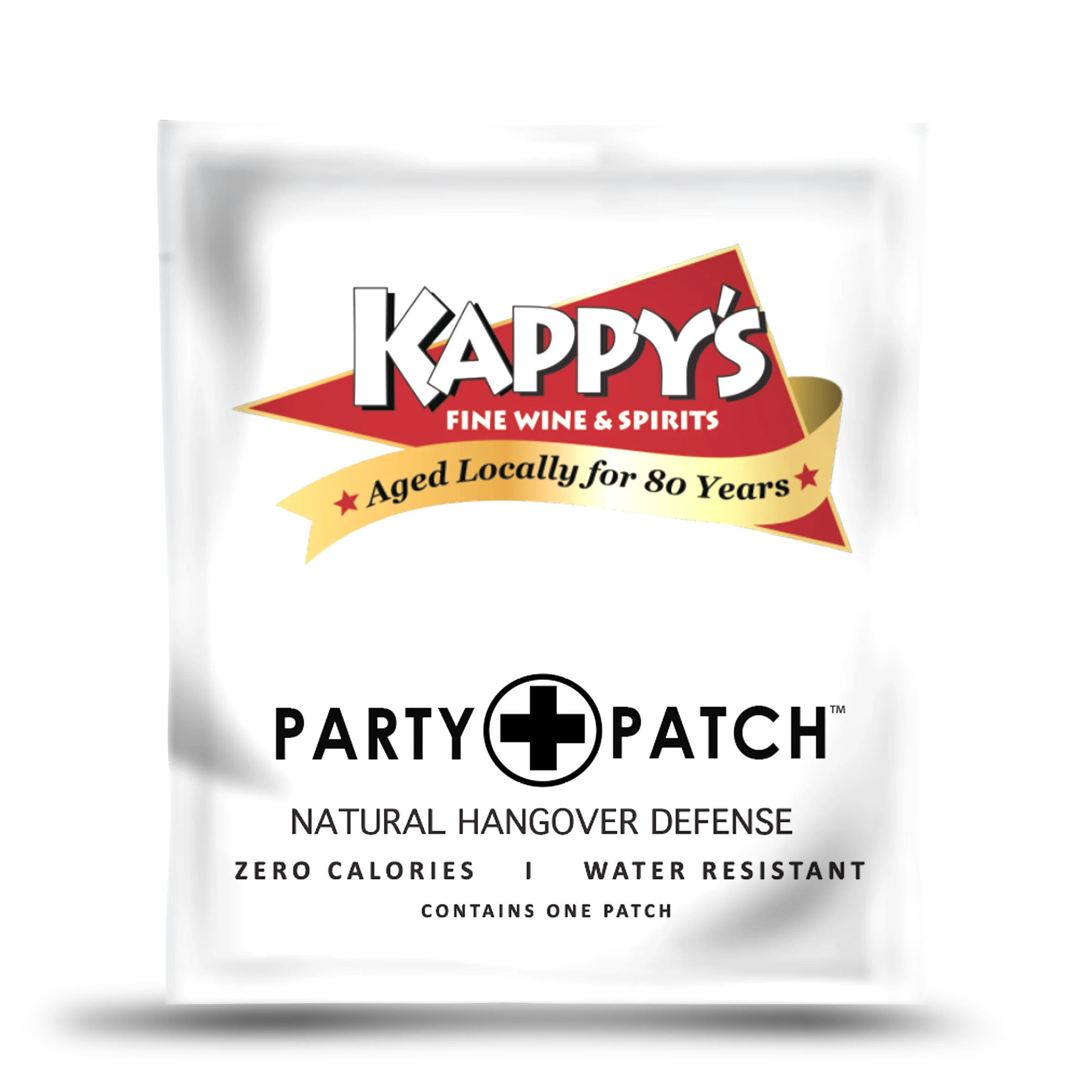 A white packet of Kappy's Fine Wine & Spirits branded Party Patch for natural hangover defense.