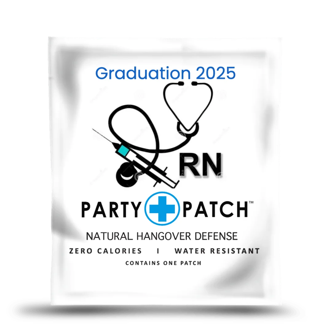 A white packet for a 'Party Patch' with 'Graduation 2025' and a stethoscope, syringe, and RN logo.